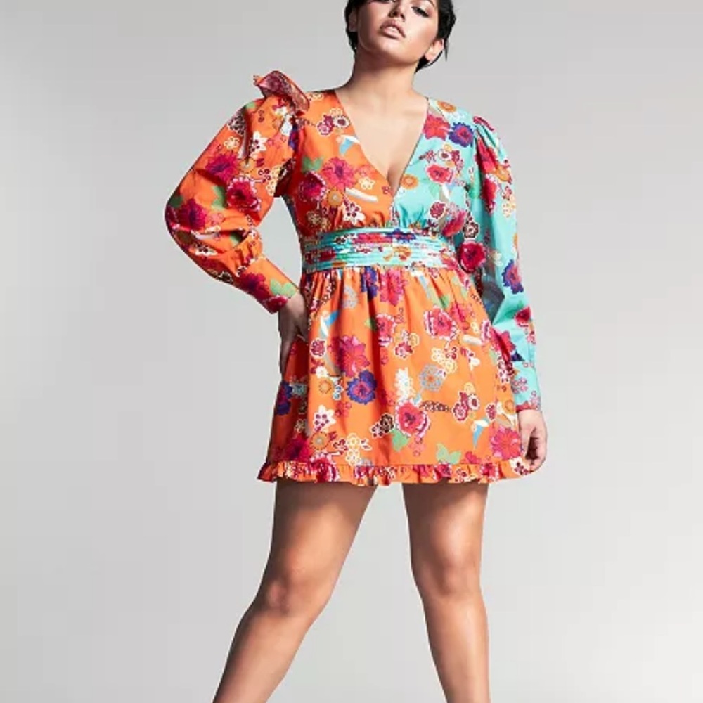 INC International Concepts Orange & Teal Floral Mini Dress